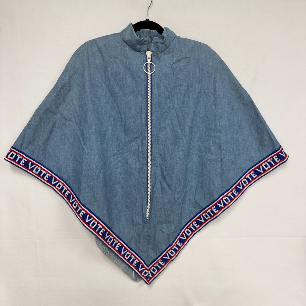 Vintage Handmade Blue Denim Poncho Cape Patriotic VOTE Trim One Size Zipper